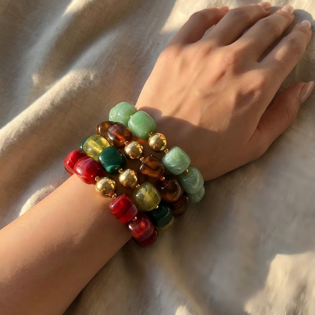 Boho Buntes Klobiges Harzperlen Armband für Damen Vintage Edelstahl Goldfarbe Perlen Schmuck Mode Party Geschenk