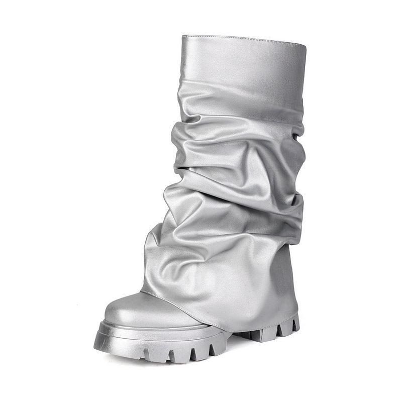 European and American Thick-soled Performances Catwalk Fashion Boots Pleated Skirt Trouser Tube Boots High Heel Large Size High Boots