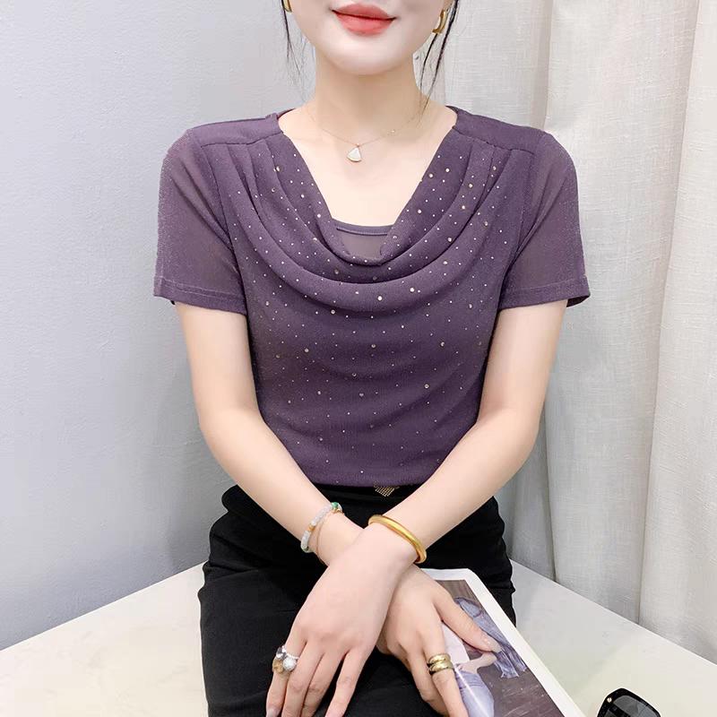 

Новые летние европейские блестящие бриллианты женская одежда футболки сексуальные с круглым вырезом повседневные футболки с коротким рукавом женский уличный стиль сетчатый топ XL фиолетовый