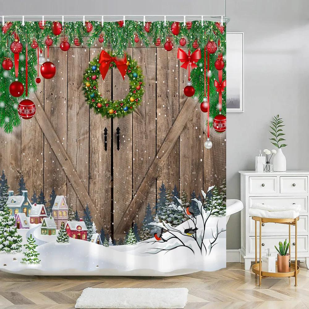 Red Christmas Shower Curtain Xmas Tree Print Bath Home Decor Winter Holiday New Year Bathroom Curtains Hooks Made Of Polyester Washable Washroom Ready
