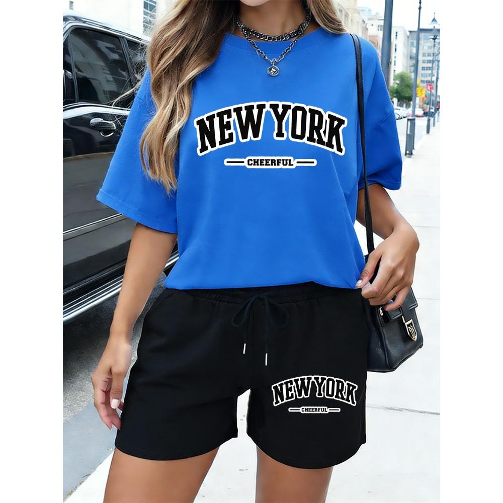 New York Cheerful Letter Print  Shorts Womens Basic Two Pieces Set T-Shirt Pants Summer High Waisted Oversize Clothes