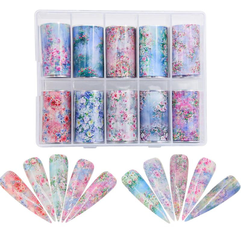 10Rolls Mixed Nail Art Foils Transfer Sticker Set Rose Flower Designs Floral Starry Sky Nail Wraps Wedding Summer Manicure Decor