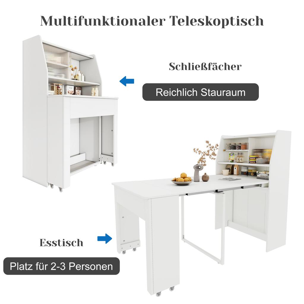 Extendable Dining Table, L52/132.5xW80xH76cm, One-Way Extending, Storage Cabinet, Rectangular, Coffee Lounge, Space-Saving Multifunctional, White