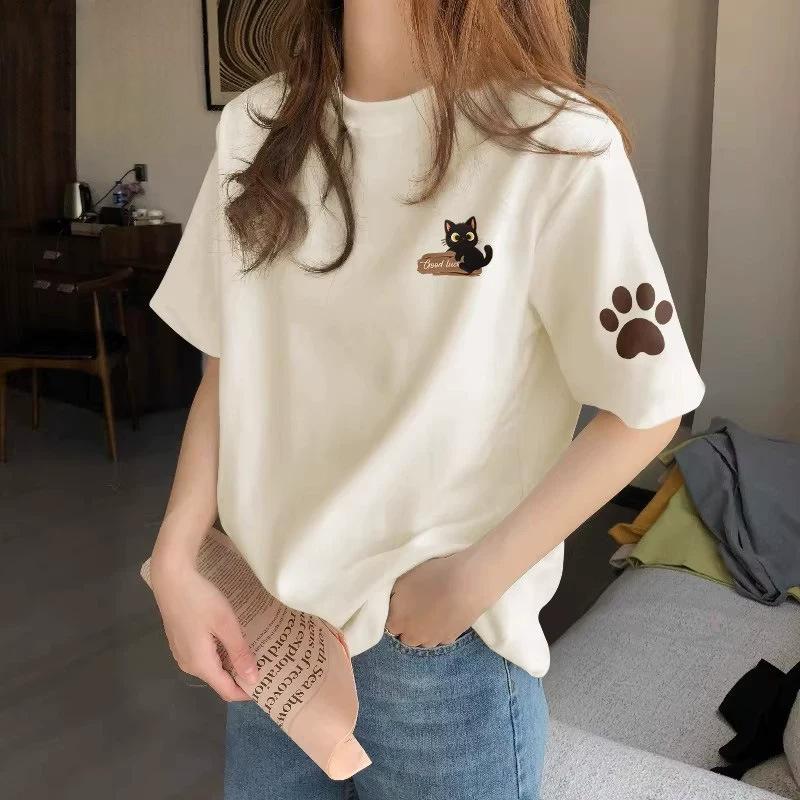 Women's Round Neck Short Sleeve Printed Loose Fit Korean Casual T Shirt Basic Top with Heart Graphic for Spring Daily Wear