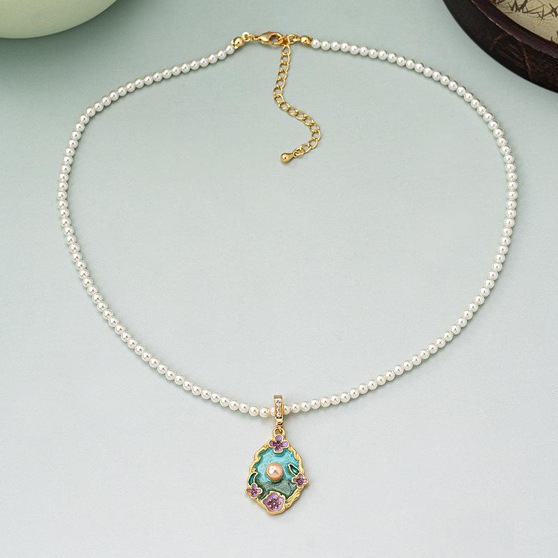 Oil painting pearl oval pendant necklace women's light luxury niche new Chinese style literary retro flower collarbone chain exquisite bracelet