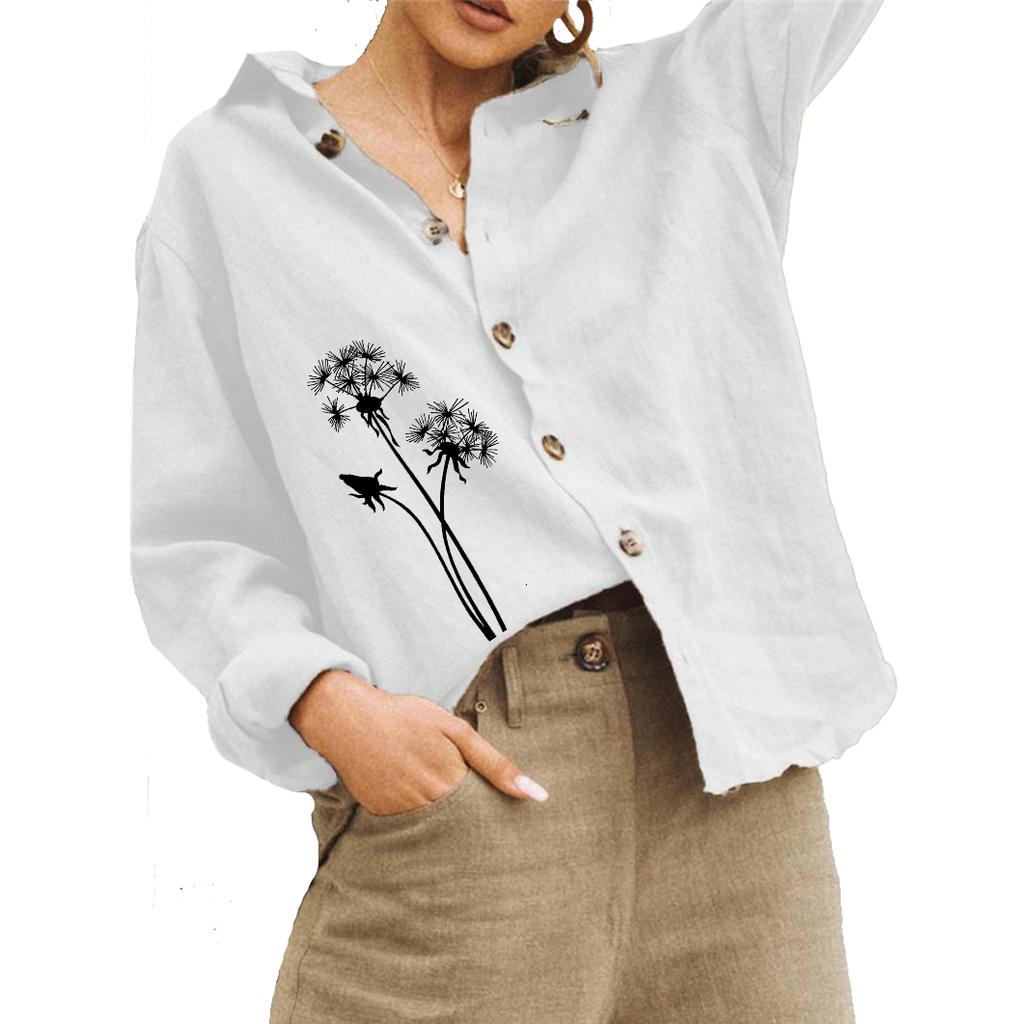 Women Fashion Floral Print Blouse Summer&fall Cotton Linen Top Ladies Casual Buttoned Long Sleeve Shirt