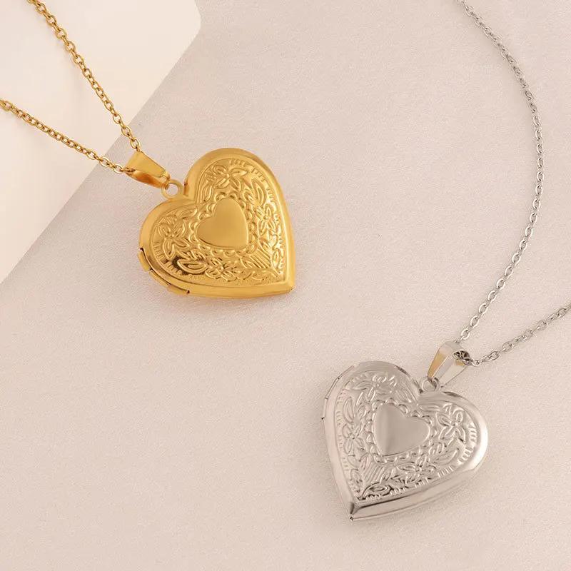 Gold Plated Heart-shaped Pendants Can Openable Frame Love Faith Stainless Steel Embossing Heart Locket Pendant Memorial Necklace