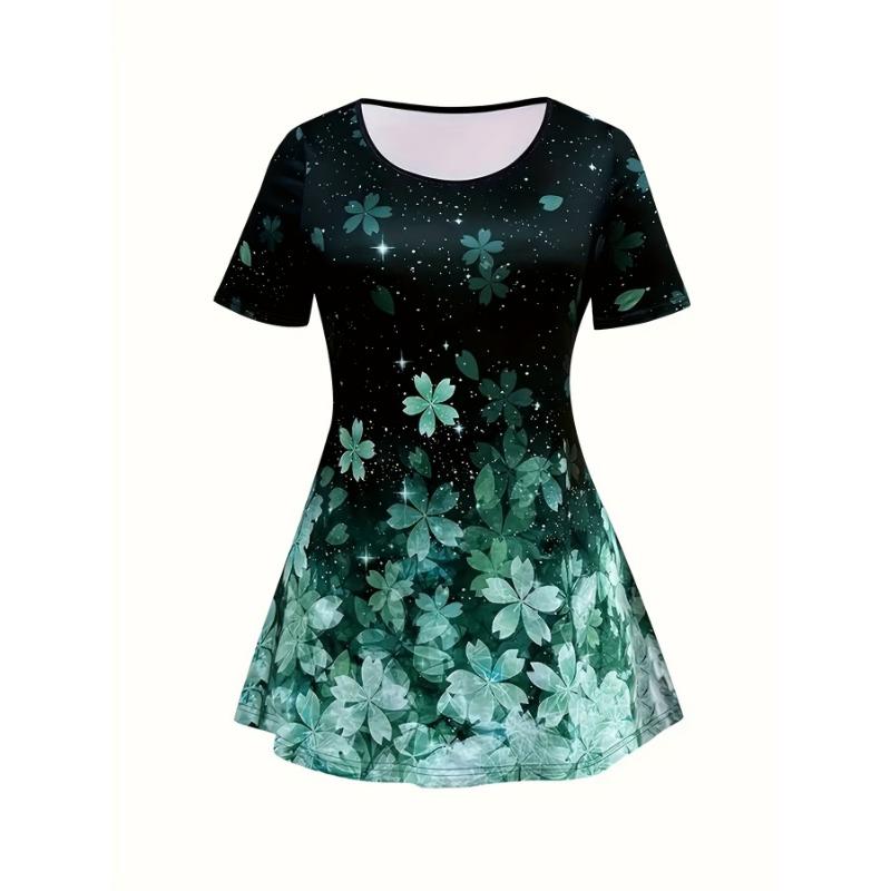 Plus Size Lady Suit Round Neck New Summer Casual Large Size Lucky Grass Print Short-Sleeved T-Shirt Pants Two-Piece Suit