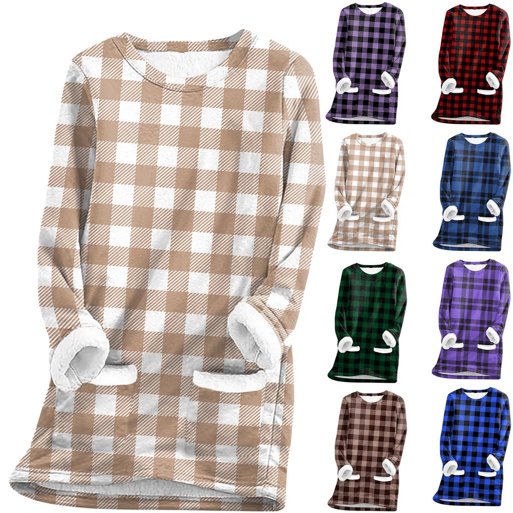 Women's Fashion Plaid Print Round Neck Long Sleeve Plush Winter Warm Pullover Top