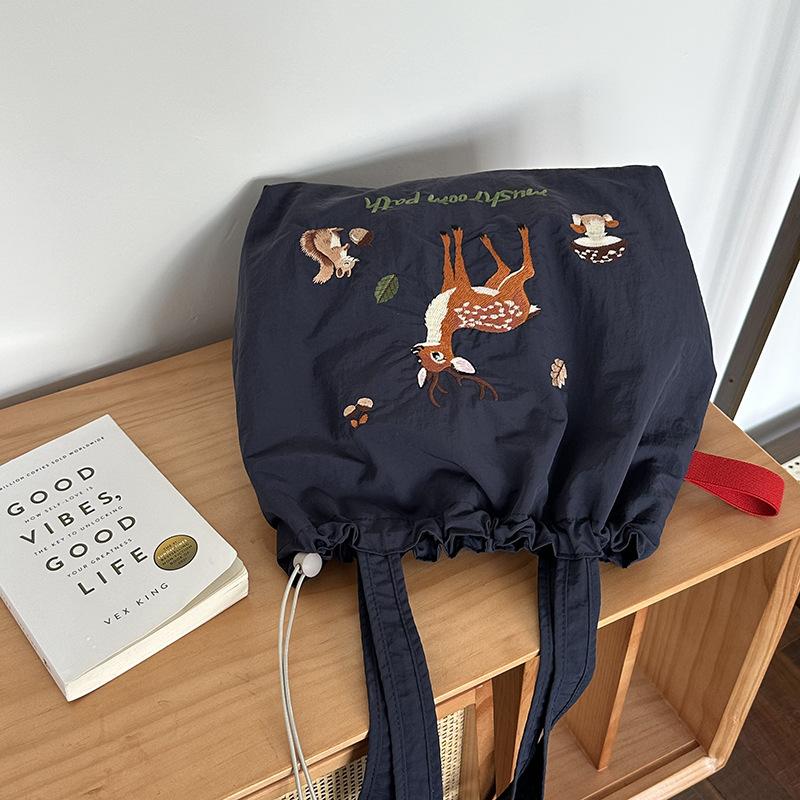 Carto Embroidery Nyl Shoulder Bags for Women Casual Student Ladies Large Capacity Tote Simple Female Drawstring Handbags