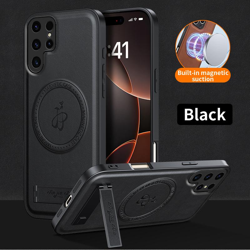 Magnetic Stand Holder PU Leather Phone Case For Samsung Galaxy S25 S24 S23 S22 S21 FEF Ultra Plus Wireless Charging Logo Cover