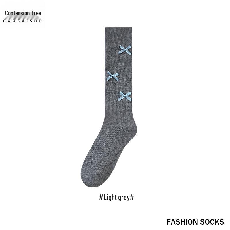 

Женские теплые гольфы до колена с бантиком (25см) - Осень/Зима Утолщенный Двухигольный Японский Стиль. One Size светло-серый