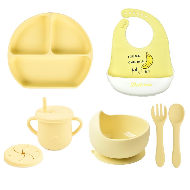 7pcs/set Baby Silicone Tableware Cartoon Printed Bibs Sucker Bowl Plate Cup Spoon Fork Sets Non-slip Children's Dishes BPA Free