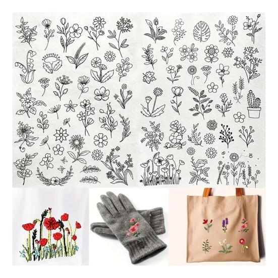 2 Sheets Water Soluble Embroidery Stabilizer DIY Stick Stitch Embroidery Paper with Pre-Printed Flowers Leaves Animals Pattern Beginners Sewing Lover