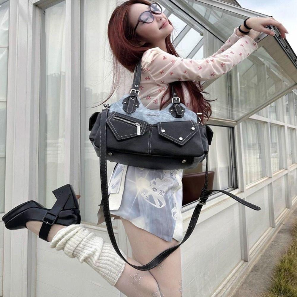 Casual PU Leather Shoulder Bag Large Capacity Crossed Color Cowboy Backpack Multifunctional Underarm Bag Street Style
