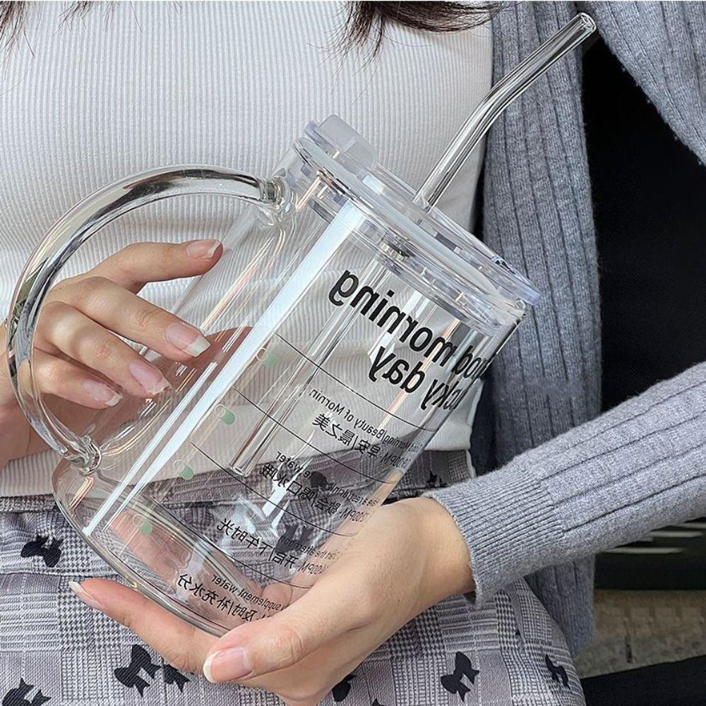 With Lid Scale Water Cup 1000ml Large Capacity Breakfast Cup Gift Straw Glass Cup Home Office