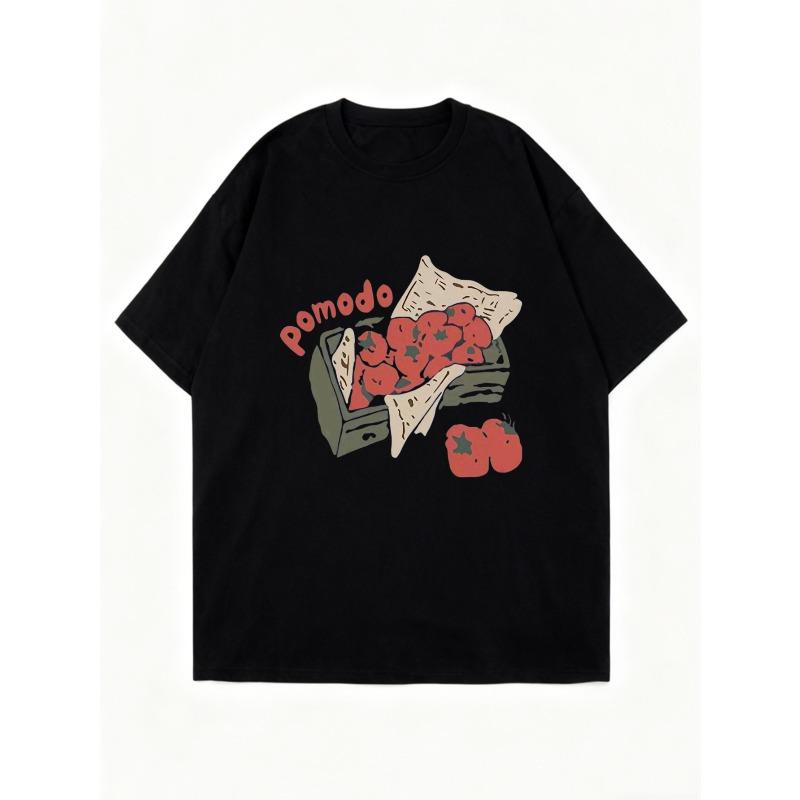 Oversized T Shirt Black Pomodoro Tomato Print And Text Casual Wear For Women Summer Outfit Streetwear Fashion Trendy Top