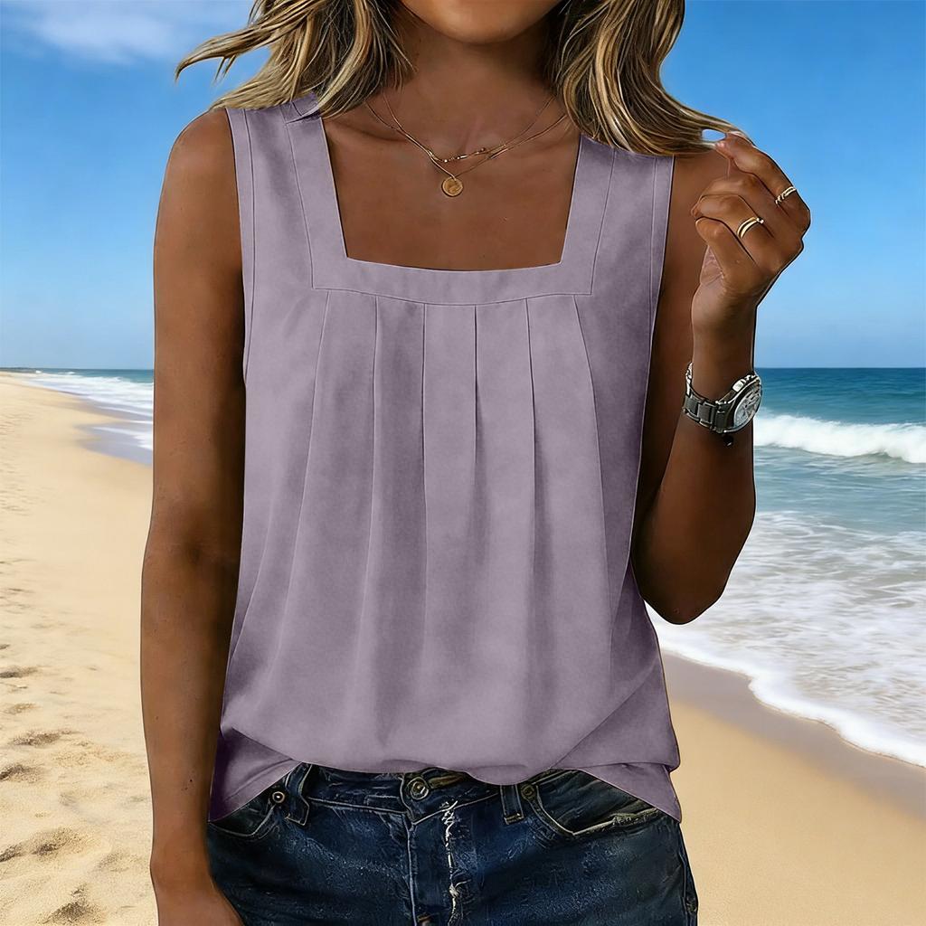 Women’s Square Neck Pleated Tank Top Sleeveless Casual Blouse Loose Fit Lightweight Pullover Shirt for Daily Wear