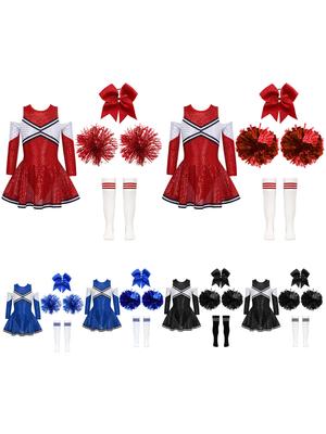Girls Sparkling Cheerleading Outfit Off Shoulder Sequin Dress Long Sleeve Bow Headwear Hand Accessories Sport Socks
