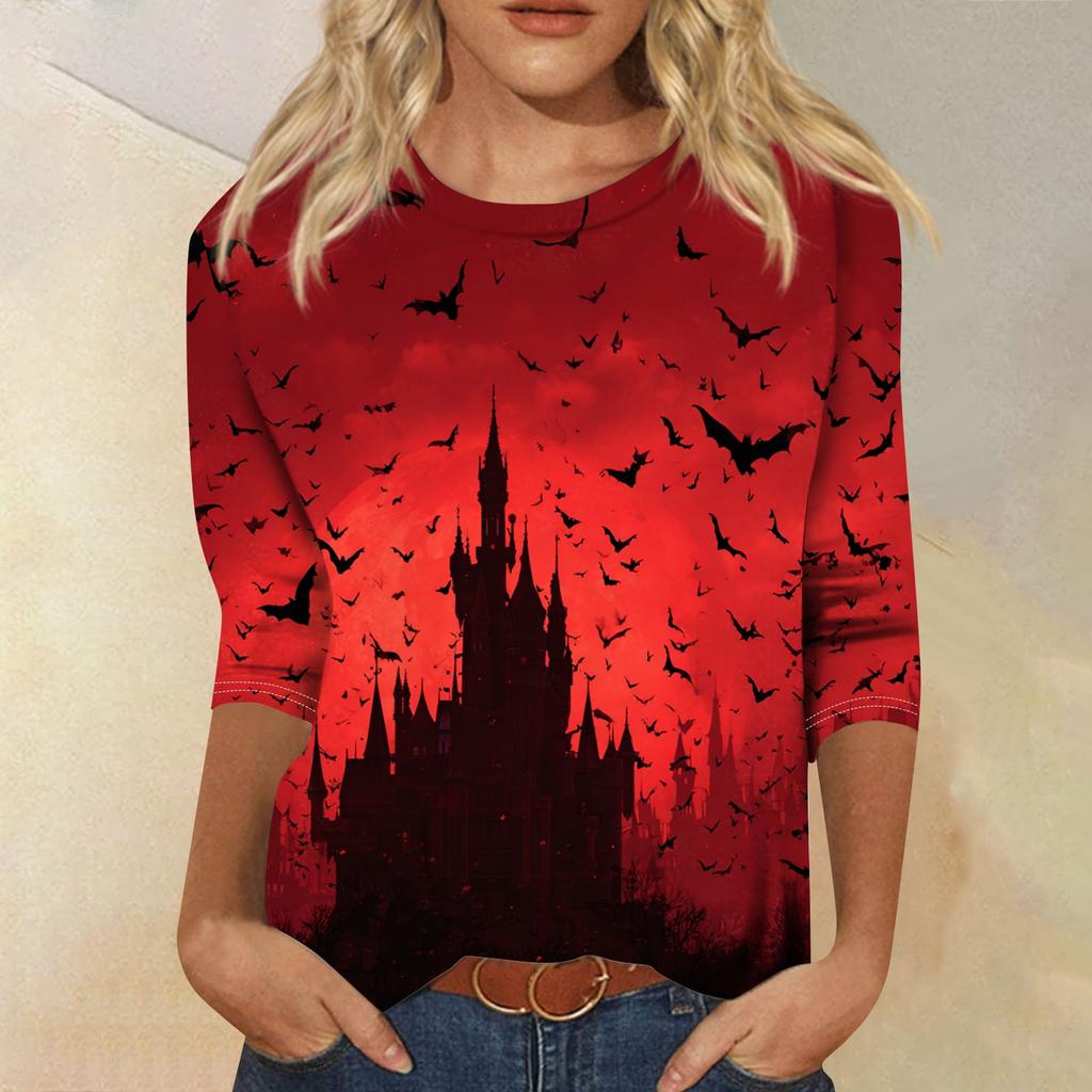 Women's Fashion Casual Round Neck Three-quarter Sleeve Halloween Printed T-shirt Top