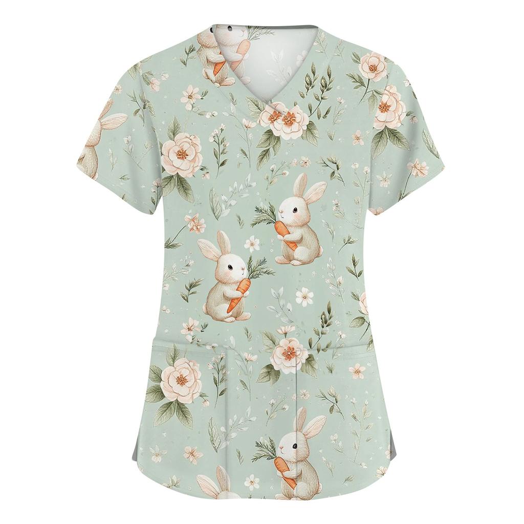 Moda damska Odzież robocza z dekoltem w serek i krótkimi rękawami z kieszeniami Topy z nadrukiem