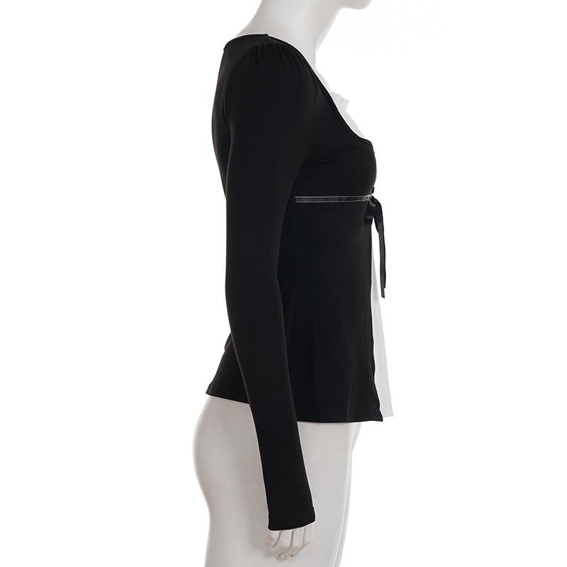 French Color Block Pleated Square Neck Long Sleeve A-line Top with Lace-up Waist for Autumn/Winter
