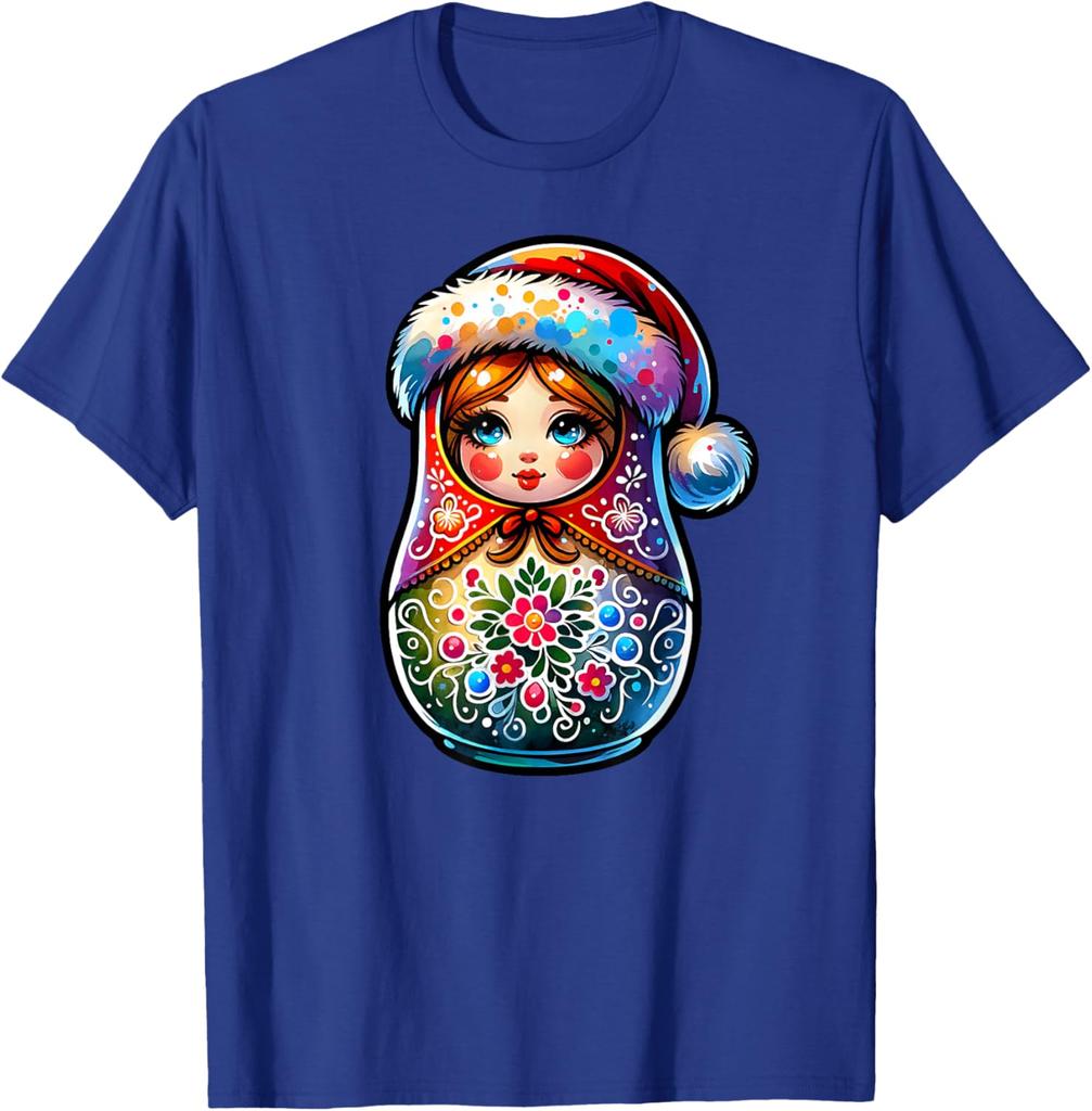 Christmas Matryoshka Doll Graphic Tee Breathable Short Sleeve Casual Round Neck T-Shirt