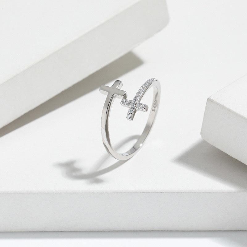 S925 Sterling Silver Double Cross Open Ring: Trendy European & American Fashion for Women