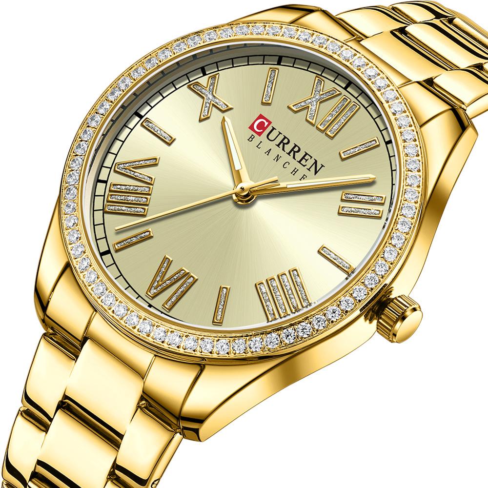 CURREN NEW Luxury Stainless Steel Wristwatches for Ladies Romantic Rose Pink with Rhinestones Roman Numeral Dial