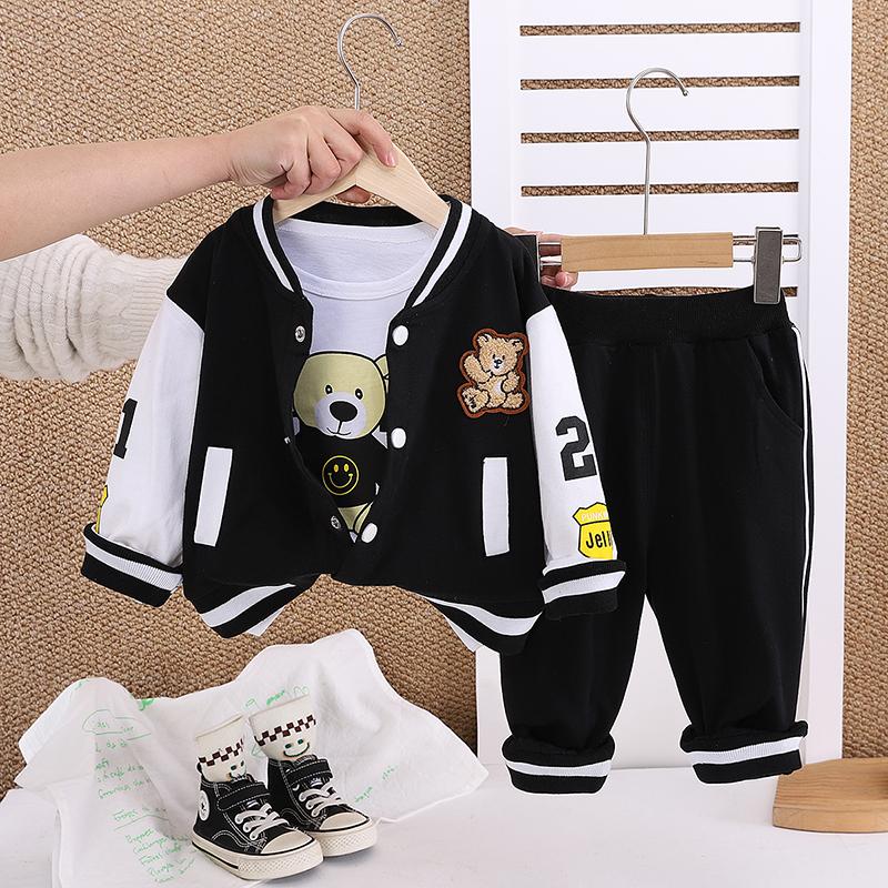 Boys' Long Sleeved 3-piece Set, Children's Teddy Bear Printed Jacket, Cute Clothes for Boys In Autumn and Winter