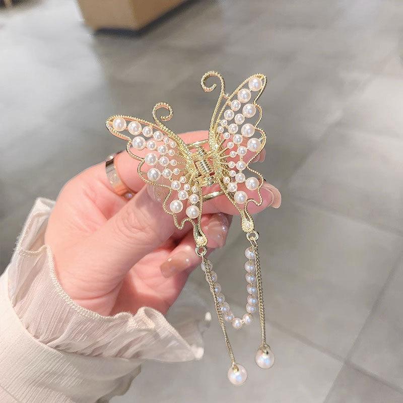 Summer Pearl Rhinestone Metal Butterfly Tassel Grab Clip Back of Head Ponytail Hairpin Women's Headdress Clip Hairpin Claw Clip