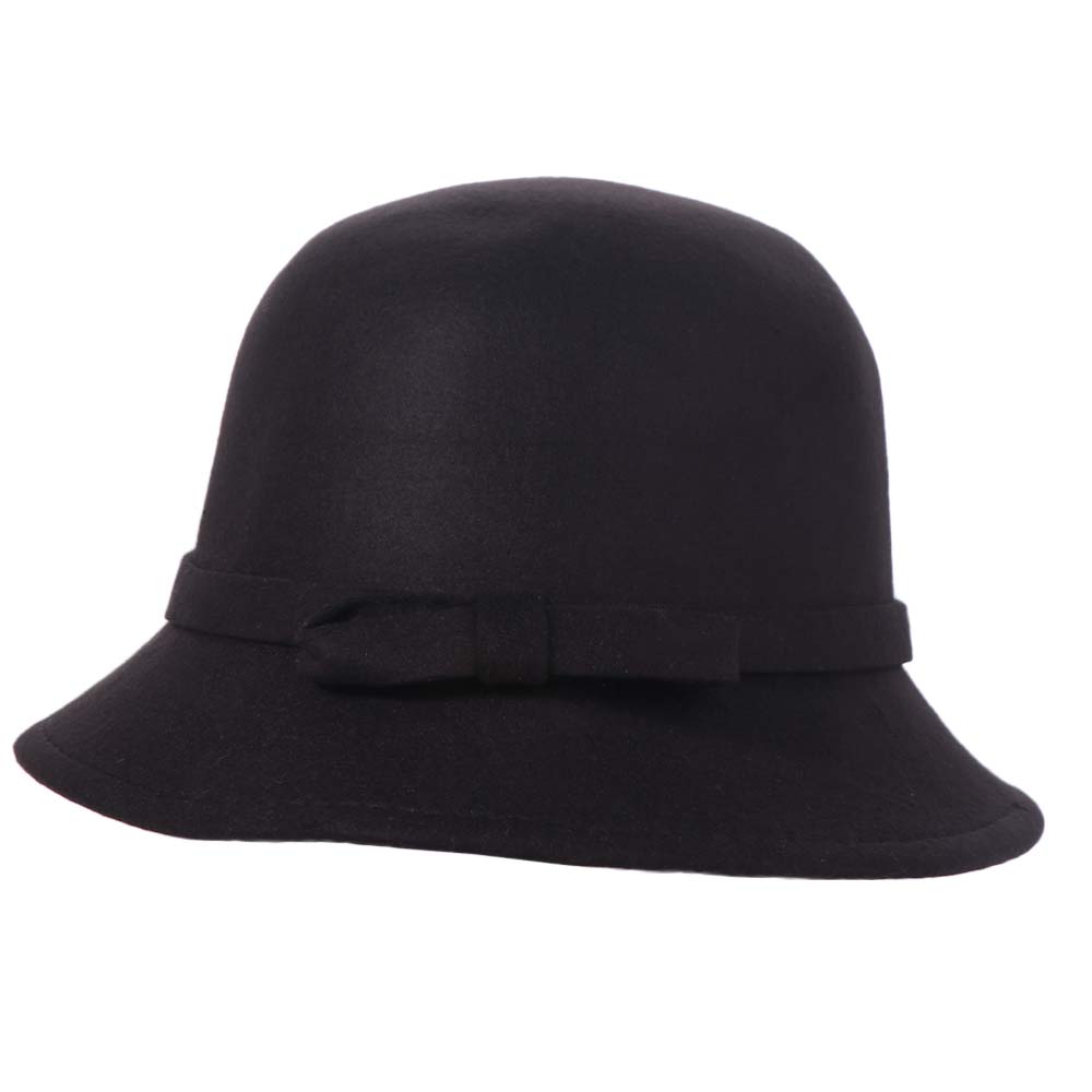 Fashion French Style Bow Tweed Hat Autumn Winter Hepburn Women s Bow Hat Bucket Cap Elegant Felt Bowler Hat Lady чёрный