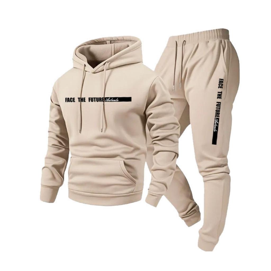 Men's Casual Solid Color Letter-printed Sweatshirt Set, Men's Fleece Hooded Drawstring Sweatshirt And Sweatpants Two-piece Set