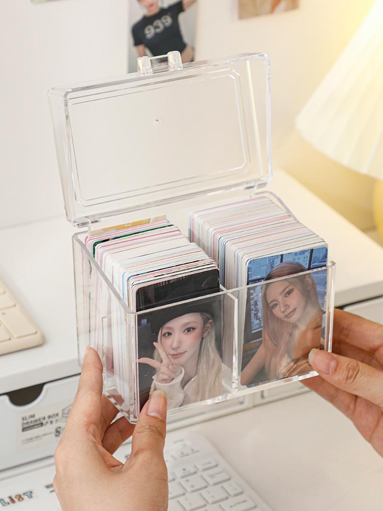 Clear Acrylic Small Card Storage Box - 2-Compartment Flip Top Display Card Case for K-Pop Photocards Anime Collectibles