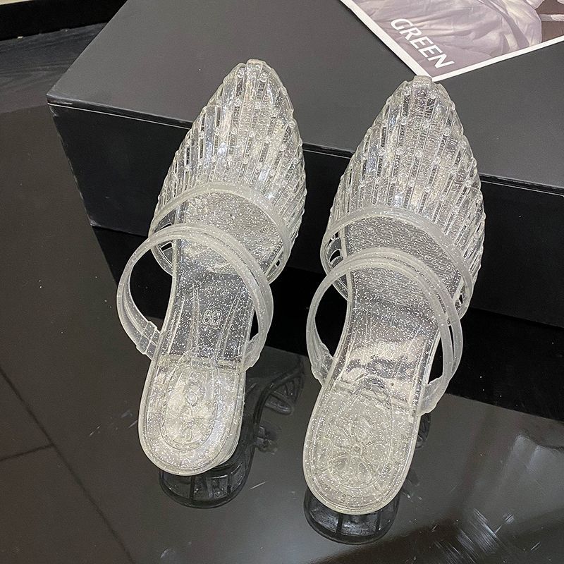 Fashion New Pointed Toe Jelly Sandals Women Chunky Heel Mules Woman Glitter Clear Slip On Hollow Out Low Heel Slides Shoes Lady Sandals