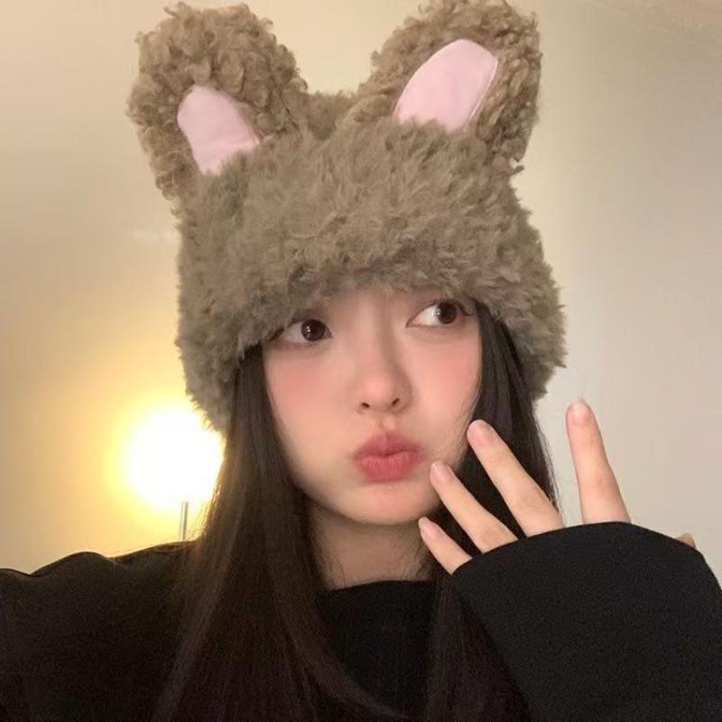 Plush Rabbit Hat Sweet and Cute Knitted Wool Hat Women's Autumn and Winter Warm Plush Hat Bag Head
