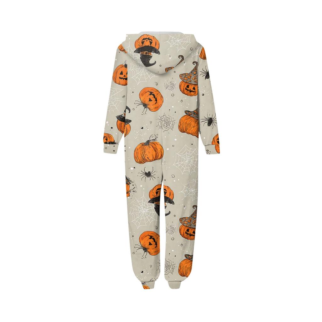 Halloween Print Family Matching Hooded Long Sleeved Zippered Jumpsuit Set