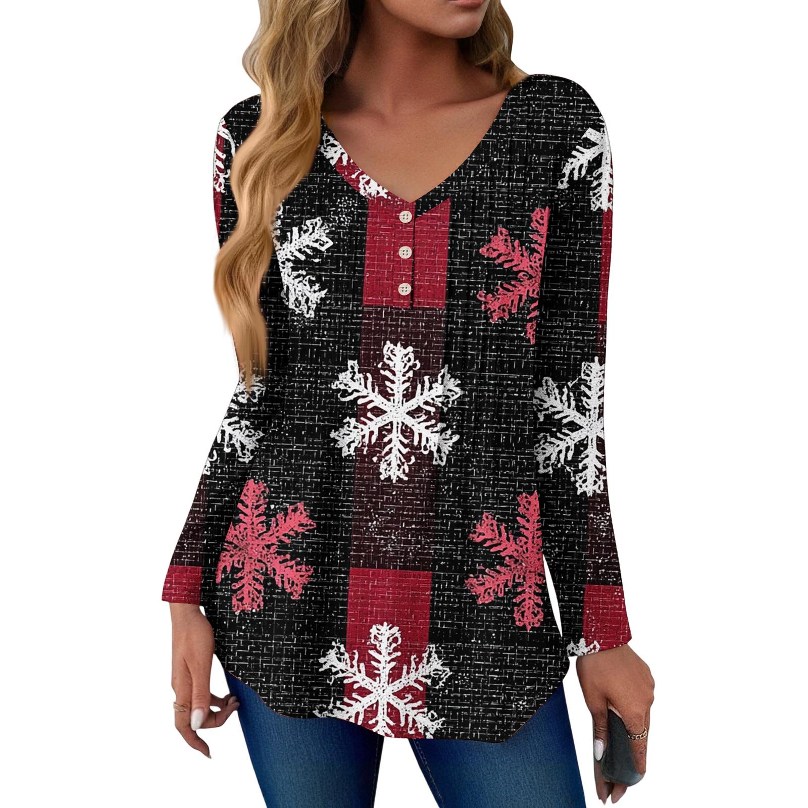 

Женская модная повседневная футболка с принтом рождественской елки, V-образным вырезом, декоративными пуговицами и длинными рукавами XL белый