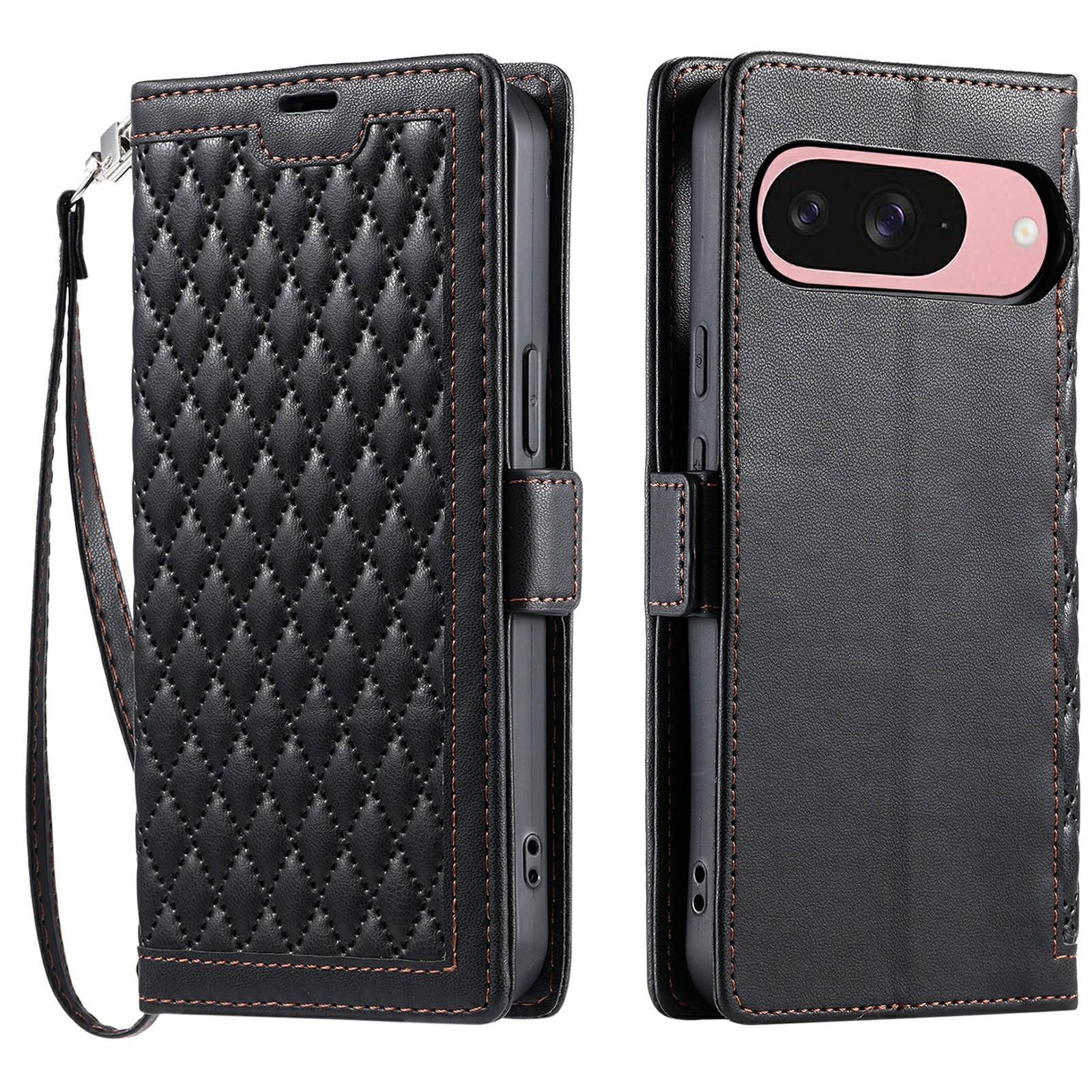 

For Google Pixel 9 Pro/Pixel 9 Leather Case Rhombus Texture Wallet Stand Phone Cover with Wrist Strap Black