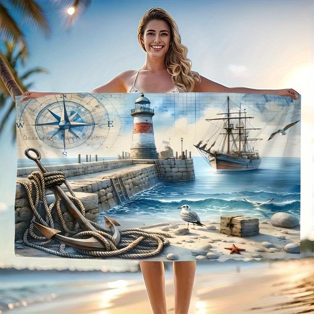 Maritimes Strandtuch mit Leuchtturm Schiff Kompass Anker Design Weiche Mikrofaser Nur Handwäsche Perfekt für Sommer Spaß