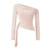 Spicy Girl Off-Shoulder Pleated Mesh Long-Sleeve Slim Fit Top for Women