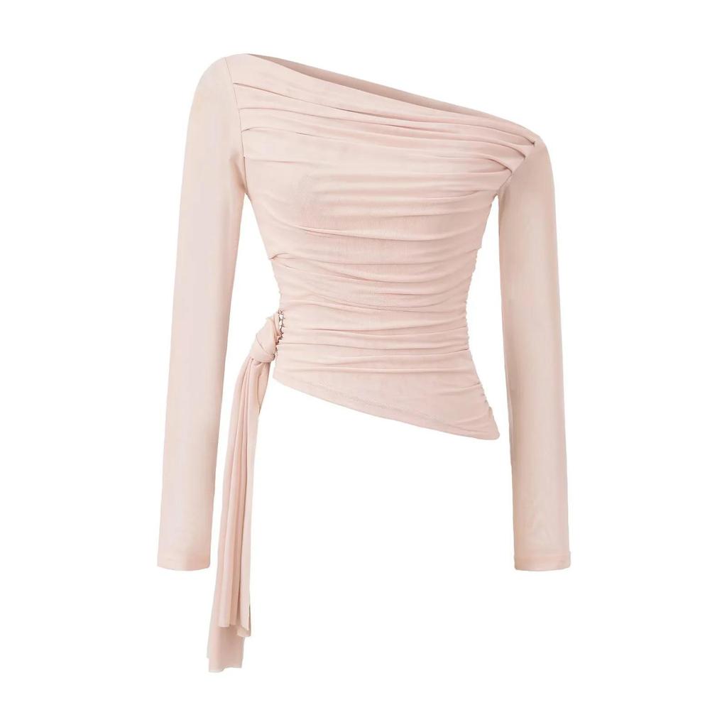 Spicy Girl Off-Shoulder Pleated Mesh Long-Sleeve Slim Fit Top for Women