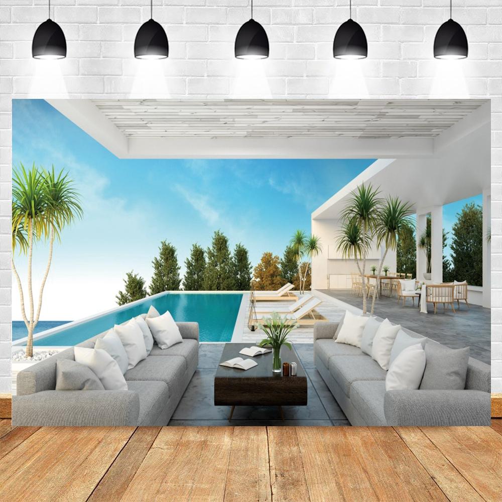 Summer Seaside Tropical Beach Balcony View Backdrop Palm Trees Mountain Wedding Party Portrait Photography Background Photo Prop