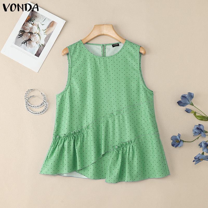 

VONDA Women Casual Sleeveless Polka Dots Irregular Ruffled Tank Tops Blouse 5XL зелёный