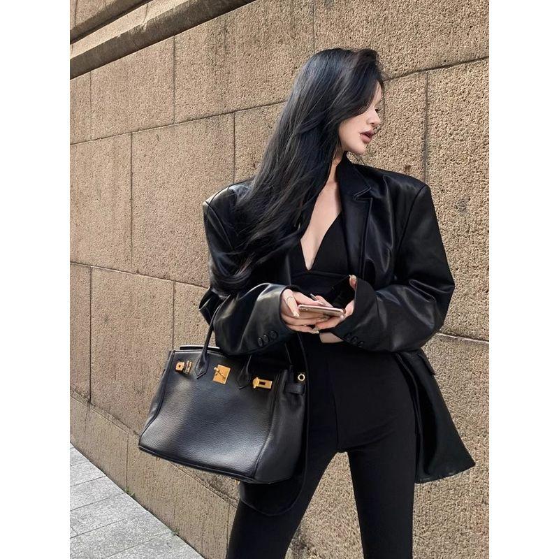 Kumikumi High Sense Black Lapel Long Sleeve Leather Coat Outerwear Women Autumn All-Match Loose Slimming Temperament Top