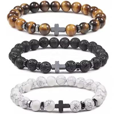 Bracciale da Uomo con Perle Turchesi Opache e Pietra Vulcanica da 8mm