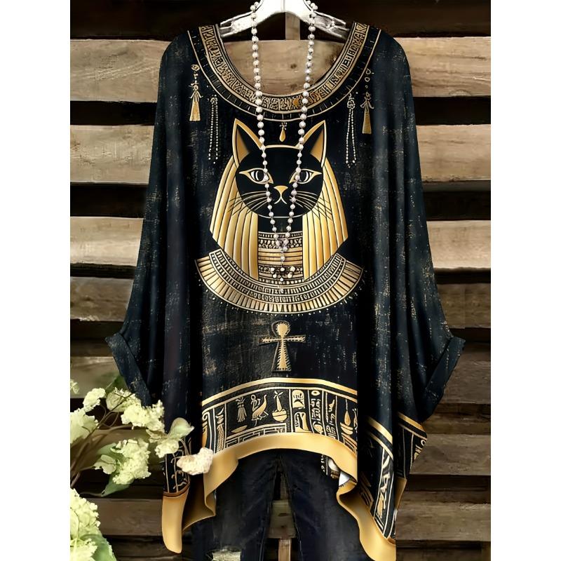 Fashion New Arrival Plus Size Bastet Egyptian Cat Goddess Print Women's Top Elegant Casual Style Round Neck Long Sleeve T-Shirt