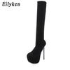 Fashion Eilyken 17CM Platform Heels Woman Over Knee Winter Boot Womens Black Knitting Round Toe Thigh High Long Socks  Lady Shoes
