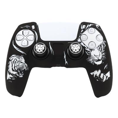 RALAN PS5 Controller DualSense Compatible with Silicone Joystick Caps, Anti-Slip, Black, Perfect Fit, Ergonomic Design (Black and White Tiger)