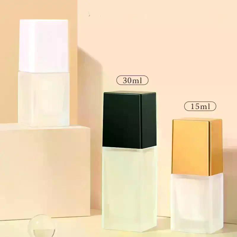 15/30ml Empty Pump Bottle Glass Liquid Foundation Container Makeup Transparent Square Refillable Bottle Portable Pump Bottle